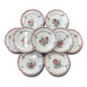 Vintage Lunéville Lun13 Floral Plates – French Cottage Dinnerware Set, Pink Rose Botanical Plates, Scalloped Edge Ironstone