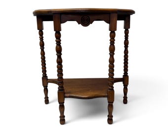 Vintage Walnut Demilune Console Table – Half Moon Accent Table with Hand Turned Legs