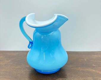 Vintage Blue Opaline Glass Pitcher – Hand Blown 4 Inch Mini Vase