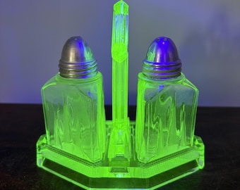 Vintage Green Vaseline Glass Salt & Pepper Shakers with Tray