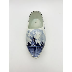 Delft Holland Ceramic Wooden Shoe 7&quot; Hand Painted Blue White Windmill Clog Art