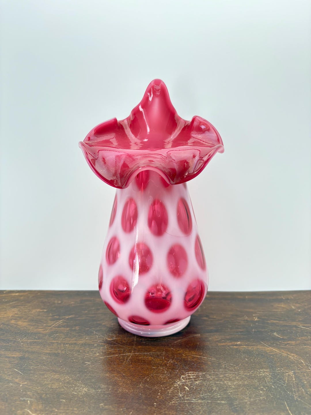 Fenton Cranberry Opalescent Ruffled Edge Coin Dot Vase - Etsy