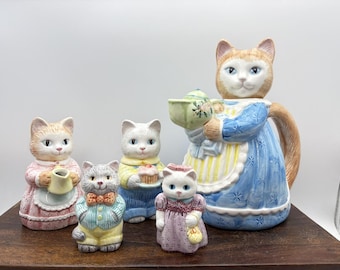 Vintage Ceramic Cat Tea Set, Anthropomorphic Cottage Kitchen