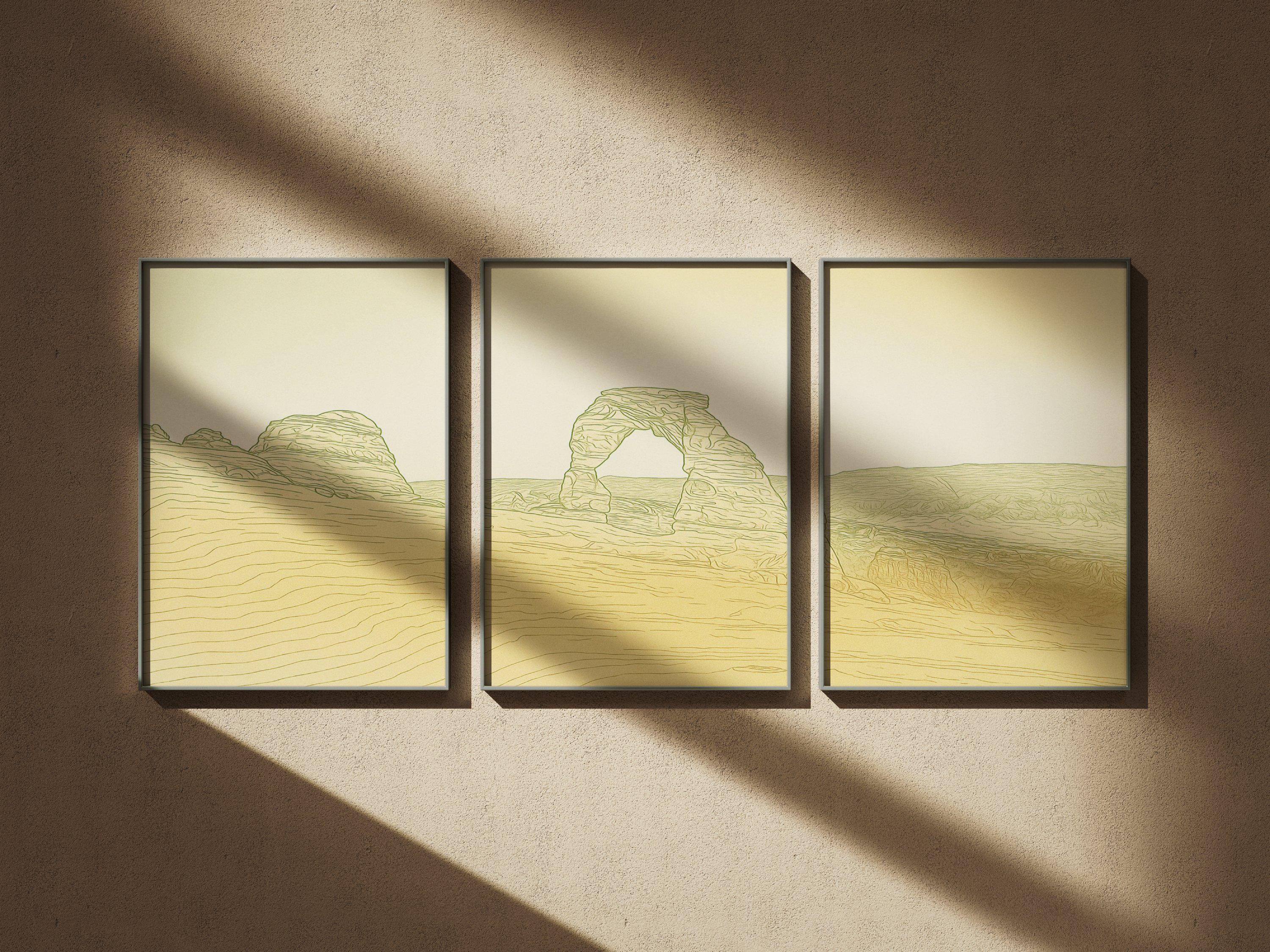 Arches Contour‑line Triptych Poster • Minimalist Delicate arch Desert ...