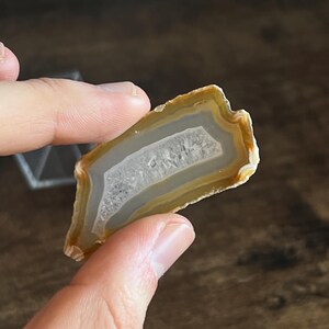 May include: A polished agate slice with a layered pattern of white, gray, and brown hues. The stone is held between fingers, showcasing its natural beauty and unique banding. The agate is a decorative item.