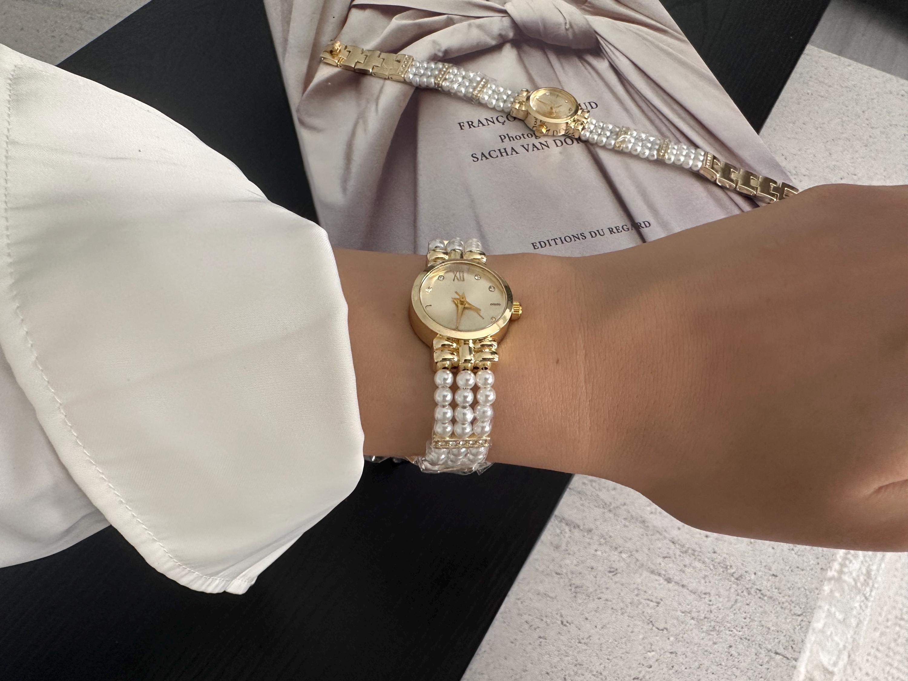 Elegant Gold and Pearl Women\'s Bracelet Watch Gold Adjustable Pearl Bead Timepiece Watch | Caitlyn Minimalist main image 4