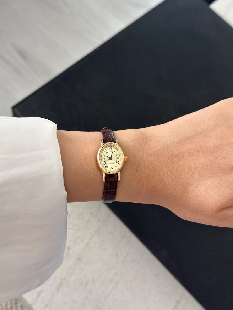 Brown Leather Women Watch: Dainty Leather Strap Minimalist , Elegant Wristwatch image 9