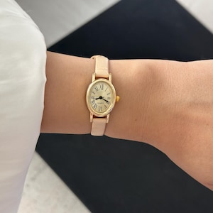 Brown Leather Women Watch: Dainty Leather Strap Minimalist , Elegant Wristwatch Cream