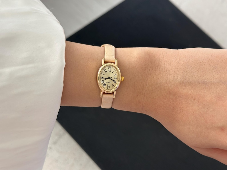 Brown Leather Women Watch: Dainty Leather Strap Minimalist , Elegant Wristwatch Cream