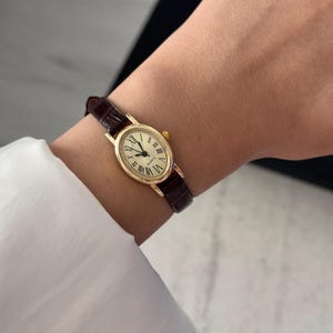 Brown Leather Women Watch: Dainty Leather Strap Minimalist , Elegant Wristwatch image 3
