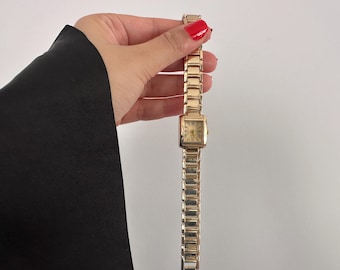 Reloj de pulsera elegante para mujer con esfera cuadrada dorada, regalo de Navidad.