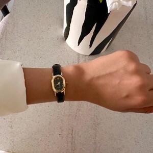 Retro Vintage Women’s Watch - 80s Inspired Gold Oval Case Watch - Quartz Watch with Black Leather Strap - Mother’s Day Gift