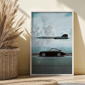 Póster de Porsche y SR-71 Blackbird: Impresión artística de pared de coches clásicos y jets, decoración en lienzo para aficionados a la aviación y amantes de los coches, regalo para garaje.