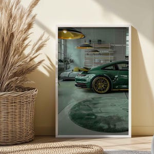 Póster de coche deportivo verde, impresión o lienzo para pared, ideal para entusiastas de los coches y como regalo de decoración única para el hogar.