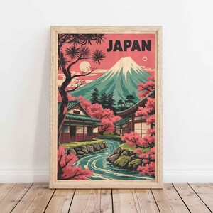 Stampa di poster di viaggio vintage in Giappone - Monte Fuji e fiori di ciliegio - Stampa artistica di paesaggio giapponese retrò in stile WPA