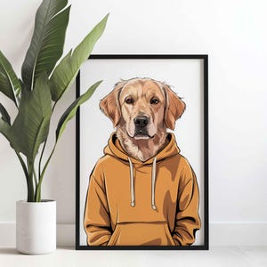Golden retriever hoodie poster print, funny dog canvas wall art, pet lover home decor, dog owner gift idea, cool dog portrait artwork