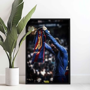 Póster de la camiseta de Lionel Messi del Barcelona, impresión artística en lienzo: un regalo único para los aficionados al fútbol y una impresionante pieza de decoración para el hogar.