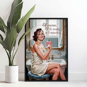 Stampa artistica da parete vintage per bagno / Stampa divertente di una donna retrò per la decorazione del mobiletto del bagno, stampa da parete glamour, stampa per la stanza del trucco, poster d'arte di profumi