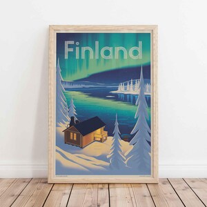 Stampa di poster di viaggio in Finlandia / Decorazione murale scandinava con arte della Lapponia e foresta innevata / Regalo di viaggio in Finlandia / Stampa di paesaggio nordico