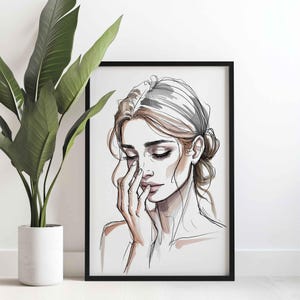 Frau Linie Kunst Poster oder Aquarell Leinwand Wandkunst, elegante Wohnkultur, Skizze Stil Kunst, künstlerische Geschenkidee, weiblicher Wanddruck