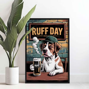 Ruff day dog bar print, beer and cigar dog canvas wall art, funny pub decor, gift idea for dog lovers, humorous pet poster print