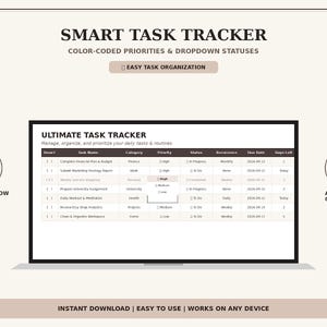 Peut inclure: Un mod&egrave;le de suivi des t&acirc;ches num&eacute;rique affich&eacute; sur un &eacute;cran, avec le texte SMART TASK TRACKER, ULTIMATE TASK TRACKER, et des colonnes pour le nom de la t&acirc;che, la cat&eacute;gorie, la priorit&eacute;, le statut, la r&eacute;currence, la date d'&eacute;ch&eacute;ance.
