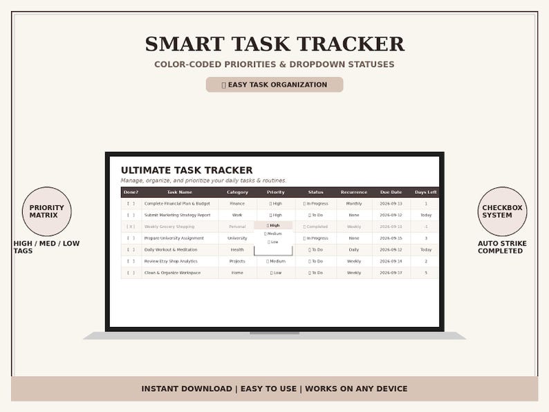 Peut inclure: Un mod&egrave;le de suivi des t&acirc;ches num&eacute;rique affich&eacute; sur un &eacute;cran, avec le texte SMART TASK TRACKER, ULTIMATE TASK TRACKER, et des colonnes pour le nom de la t&acirc;che, la cat&eacute;gorie, la priorit&eacute;, le statut, la r&eacute;currence, la date d'&eacute;ch&eacute;ance.