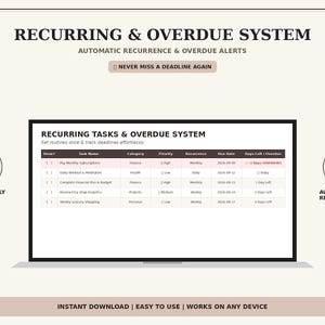 Peut inclure: Un syst&egrave;me num&eacute;rique de gestion des t&acirc;ches r&eacute;currentes et en retard affich&eacute; sur un &eacute;cran. L'interface pr&eacute;sente des colonnes pour le nom de la t&acirc;che, la cat&eacute;gorie, la priorit&eacute;, la r&eacute;currence, la date d'&eacute;ch&eacute;ance et les jours restants. Le texte inclut RECURRING & OVERDUE SYSTEM, NEVER MISS A DEADLINE AGAIN, AUTO REPEAT et OVERDUE ALERTS.