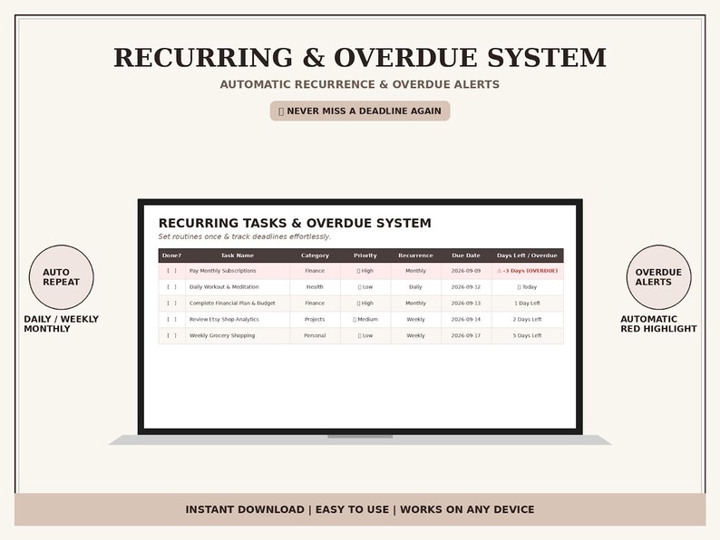 Peut inclure: Un syst&egrave;me num&eacute;rique de gestion des t&acirc;ches r&eacute;currentes et en retard affich&eacute; sur un &eacute;cran. L'interface pr&eacute;sente des colonnes pour le nom de la t&acirc;che, la cat&eacute;gorie, la priorit&eacute;, la r&eacute;currence, la date d'&eacute;ch&eacute;ance et les jours restants. Le texte inclut RECURRING & OVERDUE SYSTEM, NEVER MISS A DEADLINE AGAIN, AUTO REPEAT et OVERDUE ALERTS.