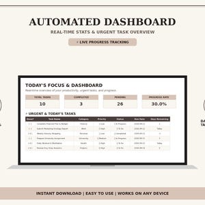 Peut inclure: Une interface de tableau de bord automatis&eacute; affich&eacute;e sur un &eacute;cran, pr&eacute;sentant une section Today's Focus & Dashboard avec des statistiques, un taux de progression de 30,0 % et un tableau d&eacute;taill&eacute; listant les t&acirc;ches, cat&eacute;gories et &eacute;ch&eacute;ances.
