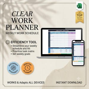 Puede incluir: Un planificador de trabajo digital mostrado en la pantalla de una computadora portátil y un teléfono inteligente. El texto dice CLEAR WORK PLANNER, WEEKLY WORK SCHEDULE, EFFICIENCY TOOL y WORKS & Adapts ALL DEVICES. Incluye un icono de Excel y dos insignias circulares.
