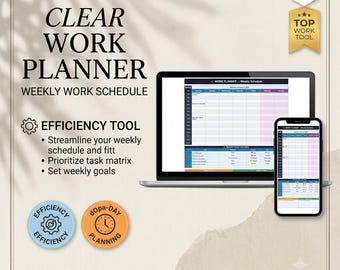 Modèle de feuille de calcul Google Sheets pour la planification du travail | Planning hebdomadaire | Gestionnaire de tâches quotidiennes | Suivi de la concentration | Téléchargement instantané