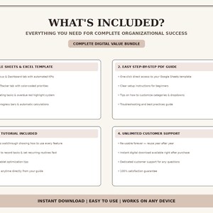 Peut inclure: Une infographie de bundle organisationnel num&eacute;rique intitul&eacute;e WHAT'S INCLUDED? listant quatre composants : mod&egrave;le Google Sheets et Excel, guide PDF &eacute;tape par &eacute;tape, tutoriel vid&eacute;o et support client illimit&eacute;, avec le texte de pied de page : INSTANT DOWNLOAD | EASY TO USE | WORKS ON ANY DEVICE.