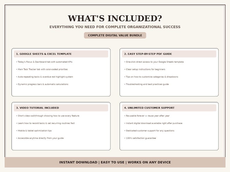 Peut inclure: Une infographie de bundle organisationnel num&eacute;rique intitul&eacute;e WHAT'S INCLUDED? listant quatre composants : mod&egrave;le Google Sheets et Excel, guide PDF &eacute;tape par &eacute;tape, tutoriel vid&eacute;o et support client illimit&eacute;, avec le texte de pied de page : INSTANT DOWNLOAD | EASY TO USE | WORKS ON ANY DEVICE.