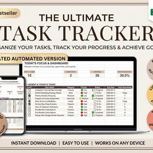 Puede incluir: Una hoja de cálculo digital de seguimiento de tareas mostrada en una pantalla de portátil y smartphone. La interfaz incluye columnas para nombre de tarea, categoría, prioridad, estado y fechas de entrega. El texto incluye THE ULTIMATE TASK TRACKER, TODAY'S FOCUS & DASHBOARD y varias entradas. Insignias circulares destacan funciones como tareas de repetición automática, apto para TDAH y priorización fácil.