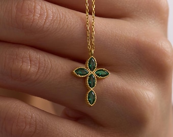 Collar de cruz con piedra de nacimiento en oro de 14 quilates, colgante familiar en plata de ley, collar de cruz para mujer, collar de cruz único, regalo de Navidad, regalo para ella