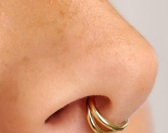 Pendiente de doble aro de oro macizo de 14 quilates: perforación del tabique nasal, la nariz y el hélix