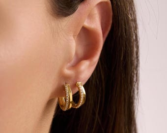 Pendientes clásicos de diamantes, aros de plata de ley 925 con pavé, ideales para bodas, cumpleaños y mamá.