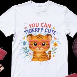 Diseño de camiseta de tigre bebé: pin divertido de animal con gafas rosas y elementos coloridos. Arte imprimible para niños. Descarga digital.