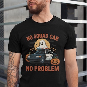 Funny Halloween Police T-Shirt! Skeleton Cops & Patrol Car Design! Spooky Law Enforcement Tee