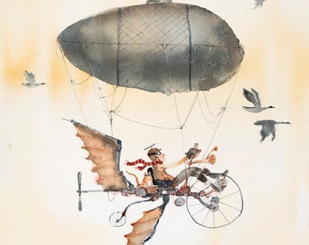 flying bicycle art print / flying bike print / bicycle illustration / zeppelin art print / zeppelin artwork / bomber illustration