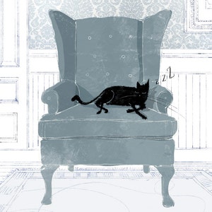 May include: A black cat sleeps soundly in a gray armchair with a patterned background. The cat is curled up on the seat of the chair with its paws tucked under its body. The chair has a high back and a tufted seat. The background is a light gray with a white pattern.