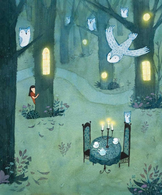 Owl art / woodland art / tea party art / tea party art print / owl art print / owl wall art / tea party wall art / tea party painting