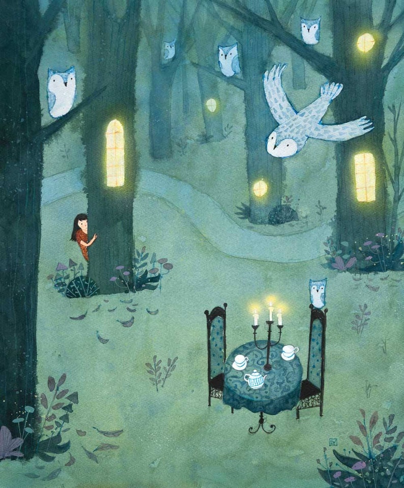 May include: A watercolor painting of a girl hiding behind a tree in a forest.  The forest is filled with owls, some flying and some perched on branches.  There is a table set with candles and teacups in the center of the clearing.
