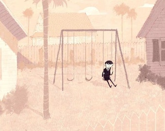 Emo boy swinging in Los Angeles. Art print / illustration / wall art / watercolor painting / wall decor. By Lee White.