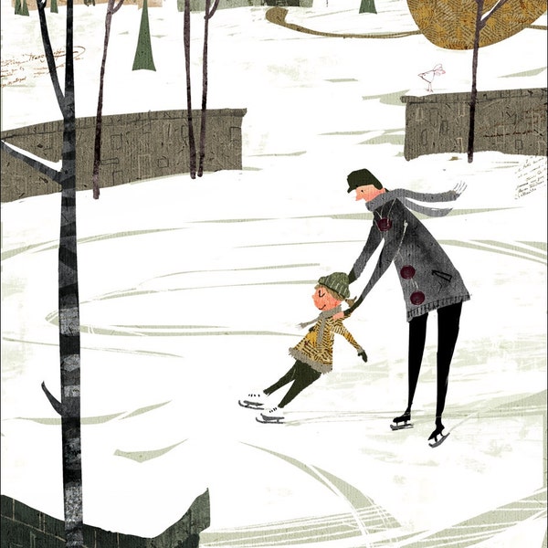 Girl with dad learning to ice skate. Art print / watercolor painting / wall art / illustration / wall decor. By Lee White.