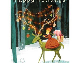 Reindeer Christmas Card | Christmas Lights Greeting Card | Unique Christmas Cards | Whimsical Christmas | Reindeer Art Cards