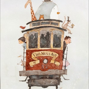 Crowded trolley in San Francisco. Art print / illustration / wall art / watercolor painting / wall decor. By Lee White.