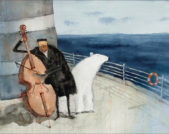 Old sailor playing the double bass with a polar bear. Art print / illustration / wall art / watercolor painting / wall decor. By Lee White.