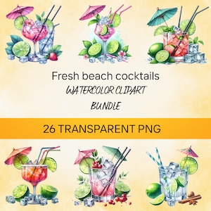 Tropische cocktail clipart – aquarel zomerdrankjes PNG-set | Cocktails voor strandfeestjes – aquarelclipart voor zomerprojecten